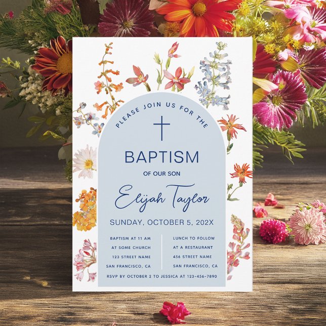 Boy Baptism Wildblumen Blue Arch Floral Religious Einladung (Von Creator hochgeladen)