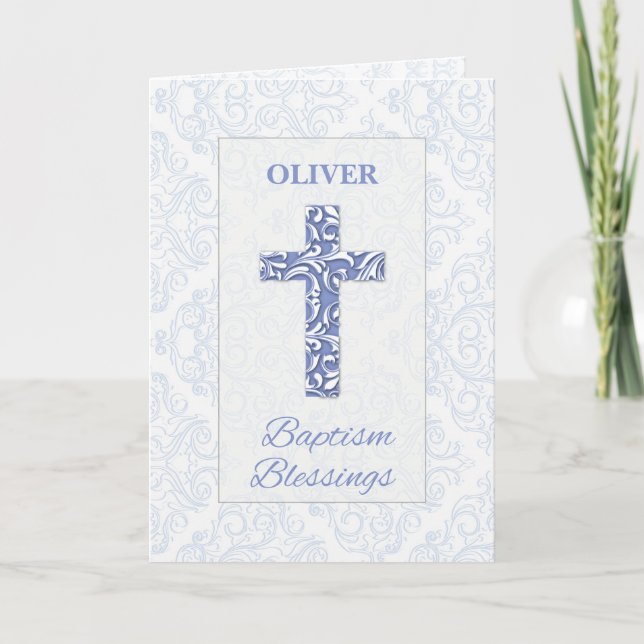 Boy Baptisse Blessings Blue Cross Damask Wirbel Karte (Vorderseite)