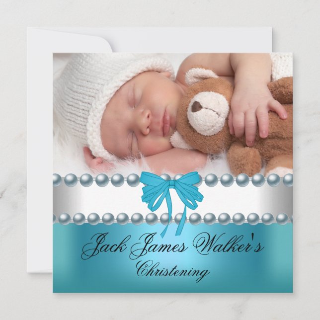 Boy Baptisse Christening Boy White Blue Bow Foto Einladung (Vorderseite)