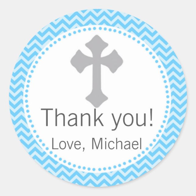 Boy Baptisse Christening Communion Blue Gray Label Runder Aufkleber (Vorderseite)