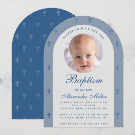 Boy Baptisse Foto Modernes, dunkelblaues Bogenskri Einladung
