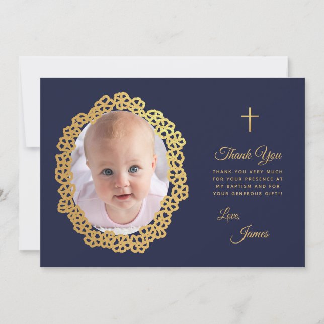 Boy Baptisse Foto Navy Blue Gold Floral Wreath Dankeskarte (Vorderseite)