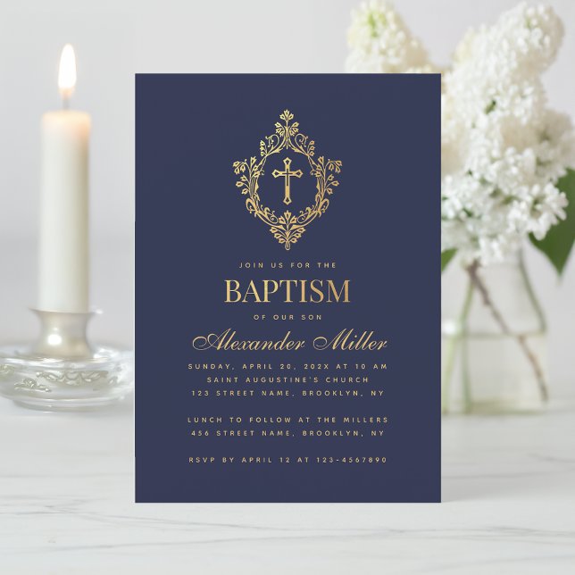 Boy Baptisse Navy Blue Imitats Gold Wappen Cross S Einladung (Von Creator hochgeladen)