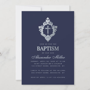 Boy Baptisse Navy Blue Imitats Silver Vintages Wap Einladung