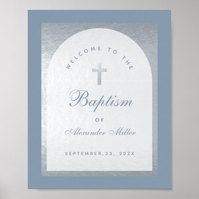 Boy Baptisse Silver Arch Dusty Blue Begrüßungszeic Poster (Vorne)