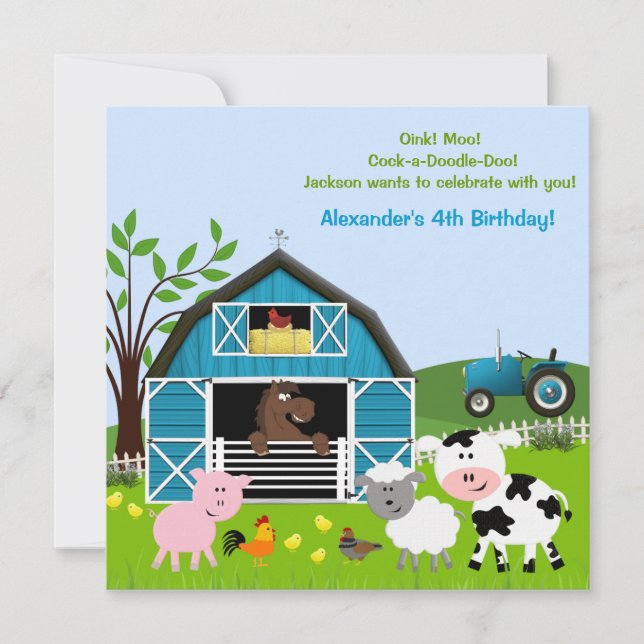 Boy Barnyard Farm Animals Geburtstag Einladungen (Vorderseite)