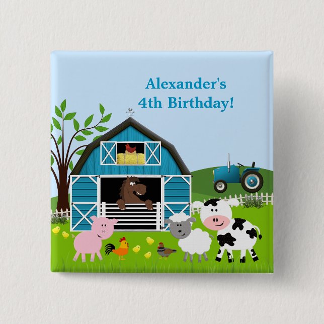 Boy Barnyard Farm Animals Geburtstag Schaltfläche Button (Vorderseite)
