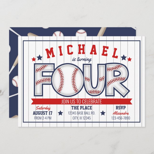 Boy Baseball 4. Geburtstag Einladung (Vorne/Hinten)