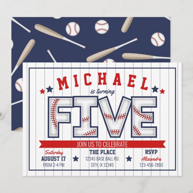 Boy Baseball 5. Geburtstag Einladung (Vorne/Hinten)