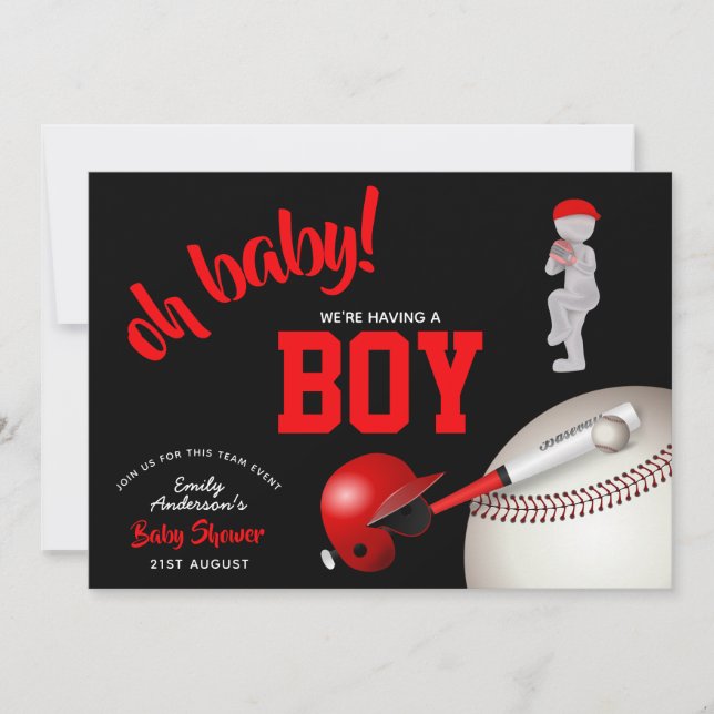 BOY Baseball Baby Shower Red Black Einladungen (Vorderseite)