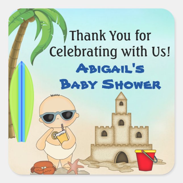 Boy Beach Baby Sandcastle Baby Dusche Vielen Dank Quadratischer Aufkleber (Vorderseite)