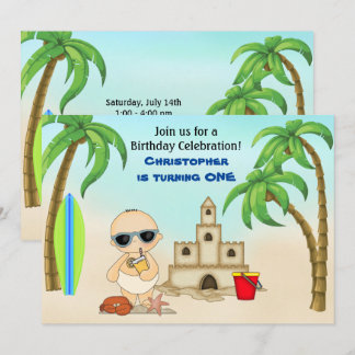 Boy Beach Baby Sandcastle in Surfboard 1. Geburtst Einladung