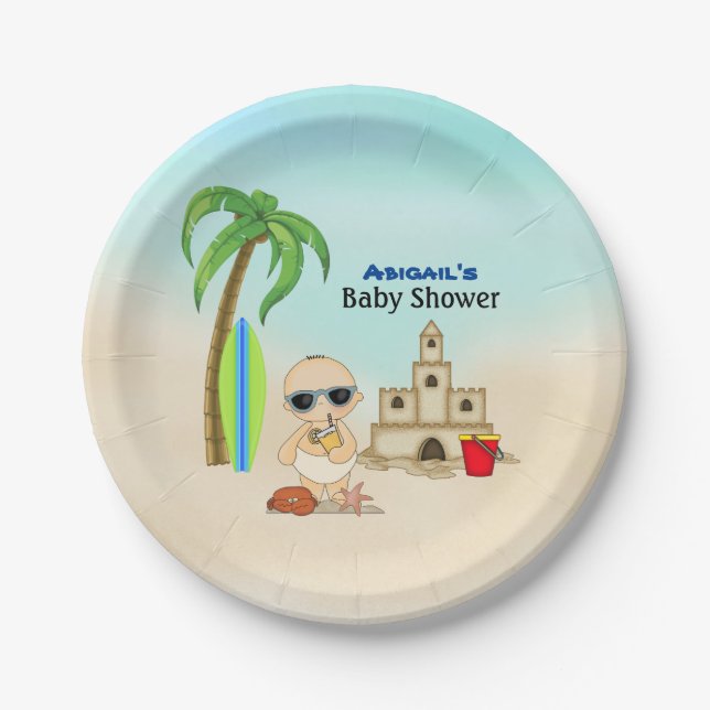 Boy Beach Baby Sandcastle in Surfboard Babydusche Pappteller (Vorderseite)
