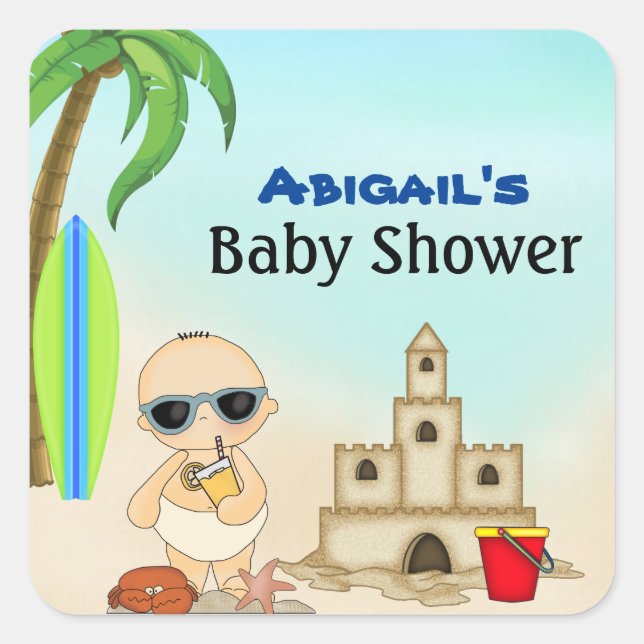 Boy Beach Baby Sandcastle in Surfboard Babydusche Quadratischer Aufkleber (Vorderseite)