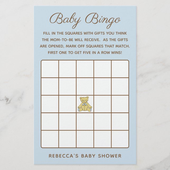 Boy Bear Baby Dusche Bingo Spiel Flyer (Vorne)