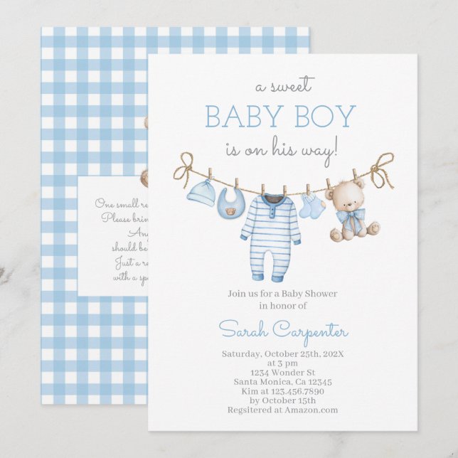 Boy Bear Clothesline Baby Shower invitation (Devant / Derrière)