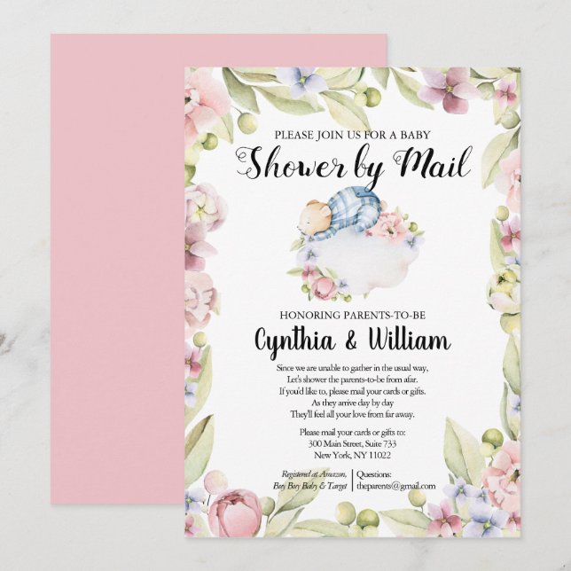 Boy Bear Elegant Blumengrün Dusche von Mail Einladung (Vorne/Hinten)