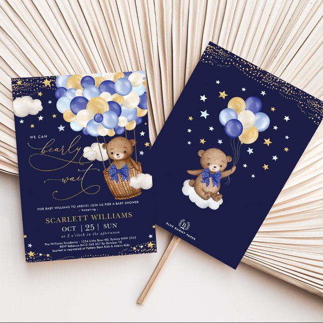 Boy Bear Hot Air Ballon Navy Gold Sky Baby Dusche Einladung (Von Creator hochgeladen)