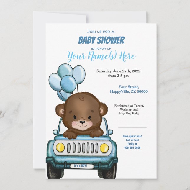 Boy Bear in Car Baby Shower Einladung Balloons (Vorderseite)