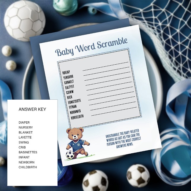 Boy Bear Soccer Player Kinderdusche Word Scramble (Cute Blue Teddy Bear Soccer Player Boy Baby Shower "Baby Word Scramble" Game Card)