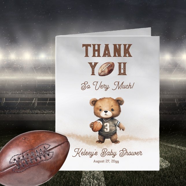 Boy Bearly Wait American Football Baby Dusche Dankeskarte (Teddy Bear Boy American Football Baby Shower Folded Thank You - Bearly Wait Collection)