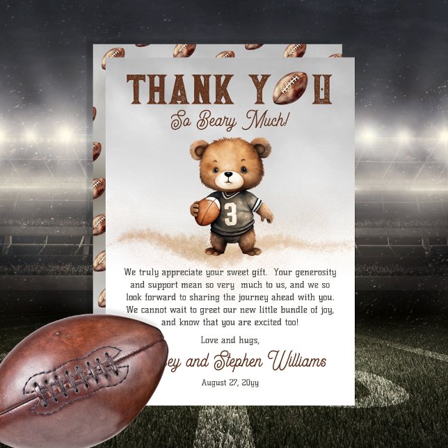 Boy Bearly Wait American Football Baby Dusche Dankeskarte (Teddy Bear Boy American Football Baby Shower "Thank You Beary Much!" Flat Thank You Card Bearly Wait)