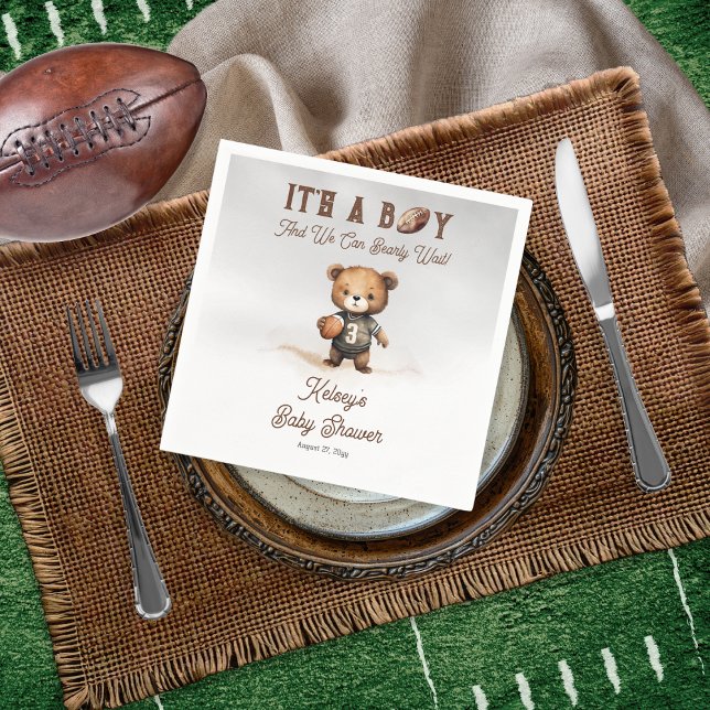 Boy Bearly Wait American Football Baby Dusche Serviette (Teddy Bear Boy American Football Baby Shower Paper Napkin - Bearly Wait Collection)