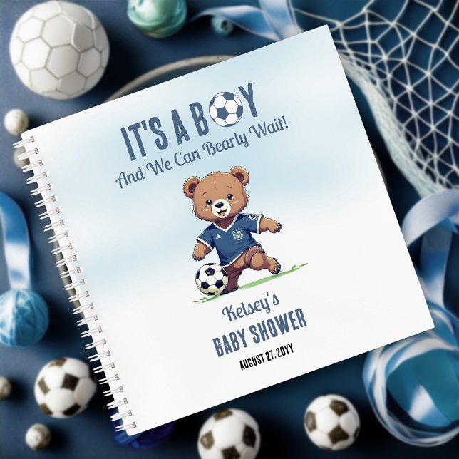 Boy Bearly Wait Soccer Baby Shooter Gästebuch Notizbuch (Blue It's A Boy and We Can Bearly Wait! Teddy Bear Soccer Player Boy Baby Shower Guest Book Notebook)