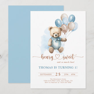 Boy Beary Sweet 1. Geburtstag Teddy Bear Blue Brow Einladung