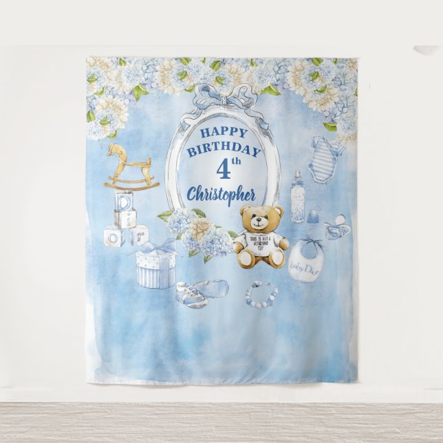 Boy Birthday Blue Flowers Teddy Bären Hintergrund Wandteppich (Vorderseite)
