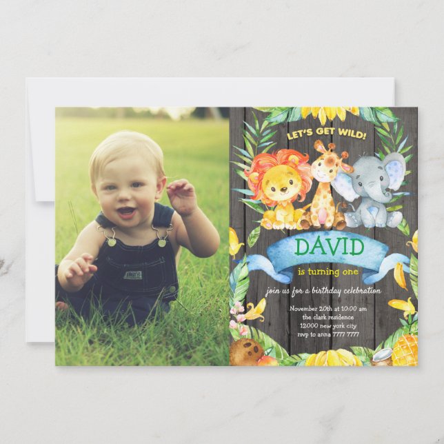 Boy Birthday Custom Foto Picture Wild One Jungle Einladung (Vorderseite)