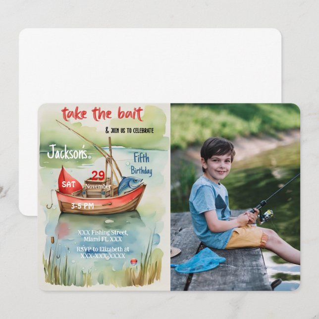 Boy Birthday Fishing Foto Einladung (Vorne/Hinten)