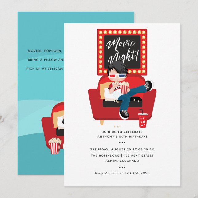 Boy Birthday Movie Night Sleepover Party Einladung (Vorne/Hinten)
