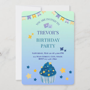 Boy Birthday Party Blue Green Gradient Invitation