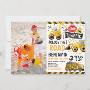 Boy Birthday Party Construction Photo Invitation