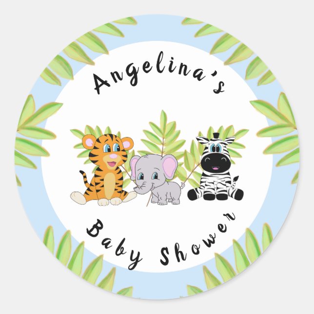 Boy Blue Baby Shower Safari Jungle Animals Runder Aufkleber (Vorderseite)