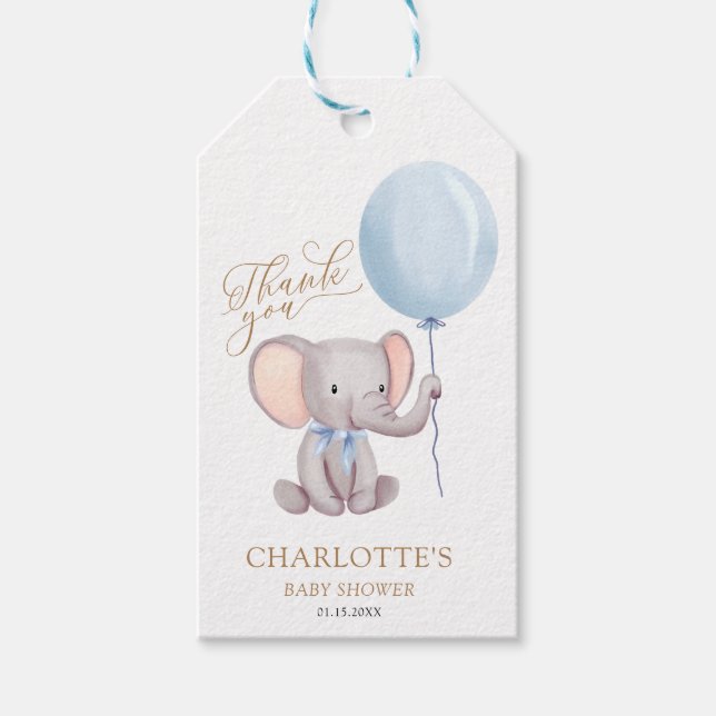 Boy Blue Balloon Elephant Baby Dusche Danke Geschenkanhänger (Vorderseite)