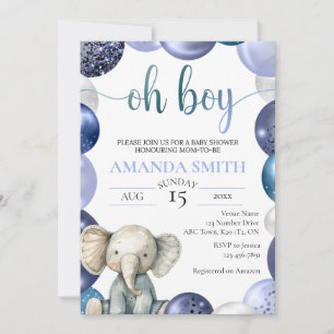 Boy Blue Balloon Niedlich Elephant Baby Dusche ein Einladung