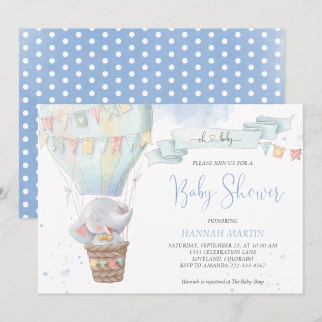 Boy Blue Balloon Niedlich Elephant Baby Shower Einladung (Vorne/Hinten)