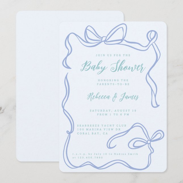 Boy Blue Bow Funky Hand gezeichnet Baby Shower Einladung (Vorne/Hinten)