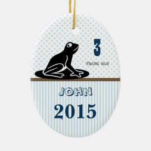 Boy Blue Brown Frosch Dot Stripes Foto Weihnachten Keramikornament