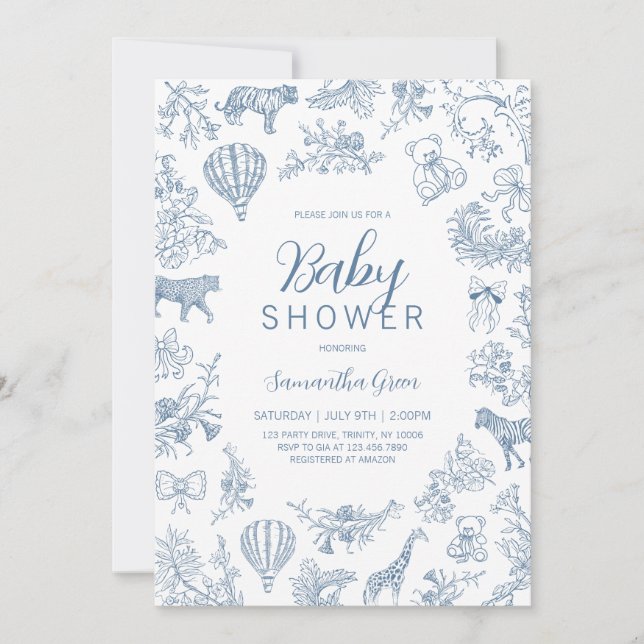 Boy Blue Chinoiserie Safari Baby Dusche Einladung (Vorderseite)