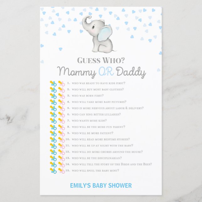 Boy Blue Elephant Baby Shower Game PRINTED (Vorderseite)