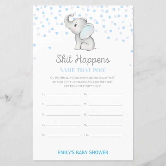 Boy Blue Elephant Baby Shower Game PRINTED (Vorderseite)