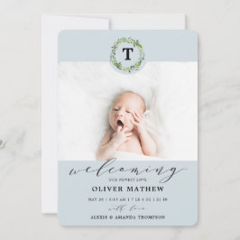 Boy Blue Eucalyptus Greenery Monogram Baby Birth Ankündigung