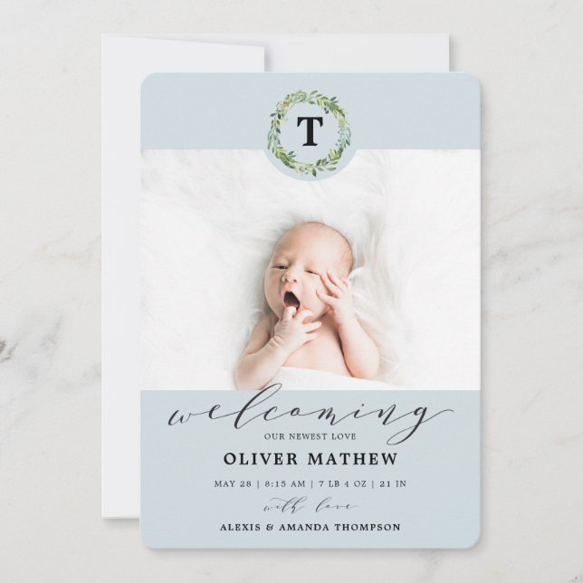 Boy Blue Eucalyptus Greenery Monogram Baby Birth Ankündigung (Vorderseite)