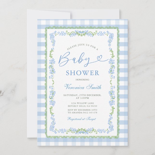 Boy Blue Floral Grandmillenial Baby Shower Gingham Einladung (Vorderseite)
