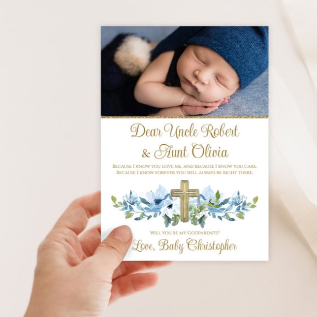 Boy Blue Gold Cross Foto Godparent Einladung (Boy blue and gold photo Godparent invitation. Simply add your photo and details.)