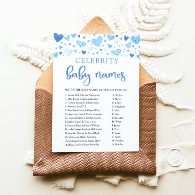 Boy Blue Hearts Valentine Celebrity Baby Name Game Einladung (Watercolor Cute Blue Hearts Valentine Sweetheart February Boy Celebrity Baby Name Baby Shower Game)
