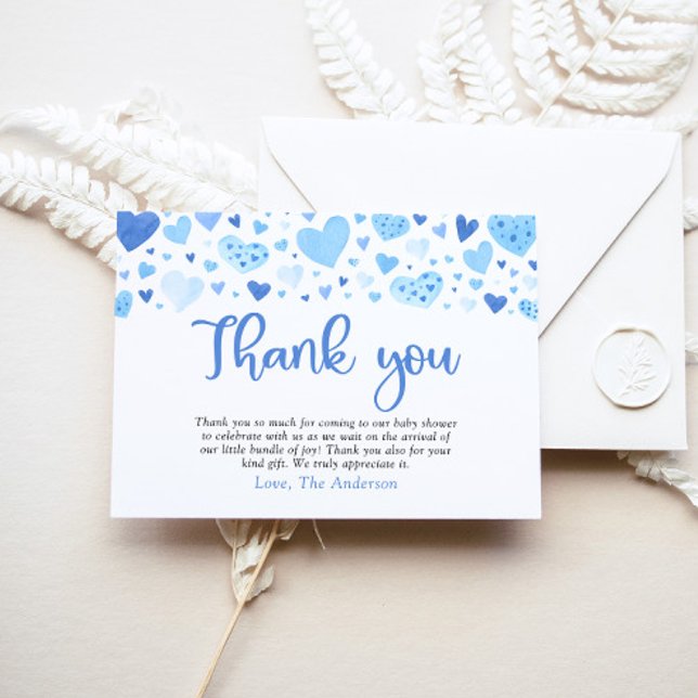Boy Blue Hearts Valentine Sweetheart Baby Shower Dankeskarte (Von Creator hochgeladen)